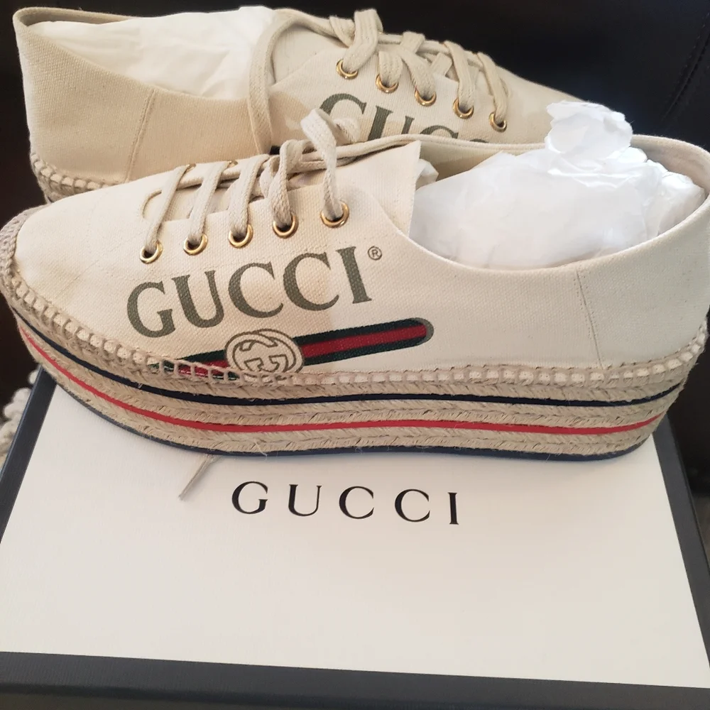 Gucci Cream Canvas Platform Espadrilles with Red and Navy Stripes